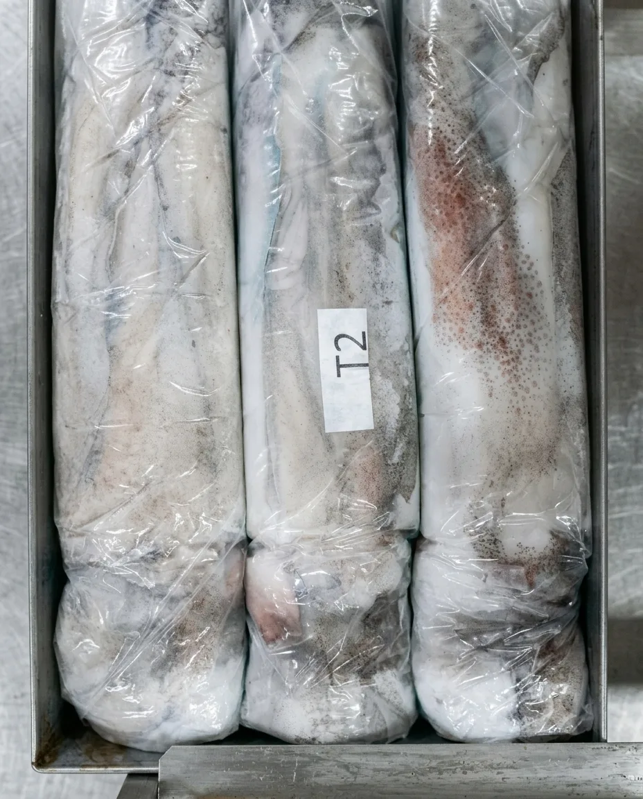 Whole octopus T2, wrapped in stainless trays before blast freezing — ATLASEAS plant, Nouakchott